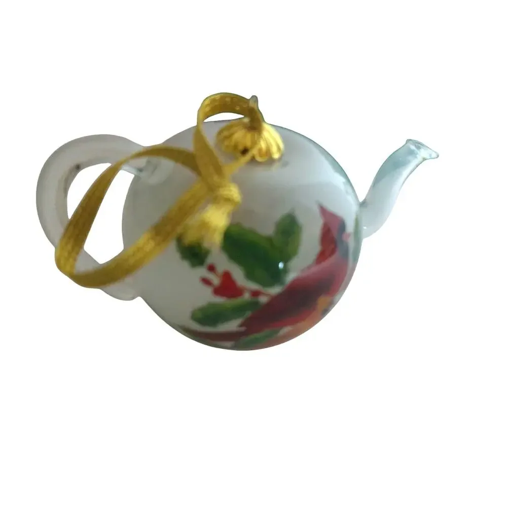 Vintage 1998 Studio Nova Cardinals on Teapot Glass Christmas Ornament